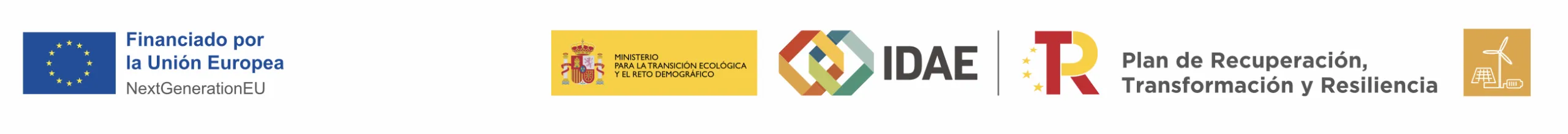 Logos institucionales: Unión Europea - NextGenerationEU, MITECO, IDAE y Plan de Recuperación, Transformación y Resiliencia