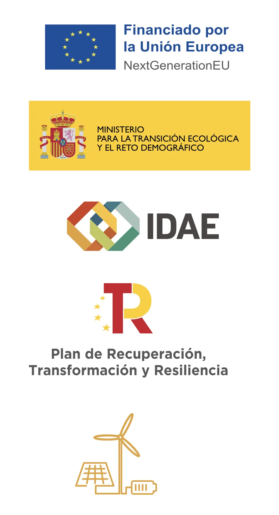 Logos institucionales: Unión Europea - NextGenerationEU, MITECO, IDAE y Plan de Recuperación, Transformación y Resiliencia